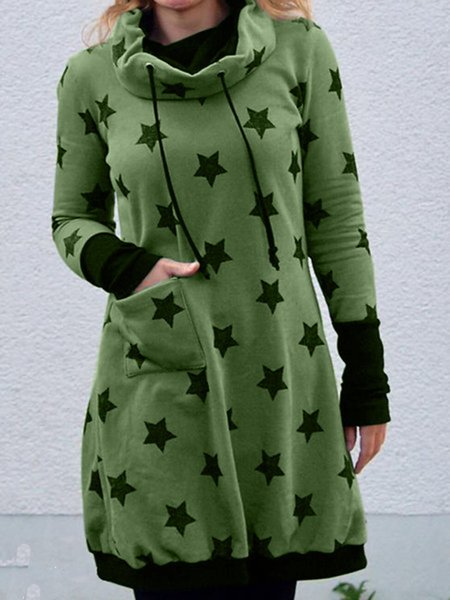 

Cotton-Blend Casual Geometric Long Sleeve Dress, Green, Casual Dress