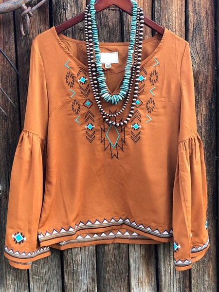 

Plus Size Vintage Crew Neck Long Sleeve Tops, Orange, T-shirts
