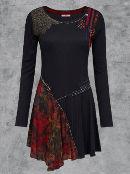 

Multicolor Cotton-Blend Casual Long Sleeve Knitting Dress, Short