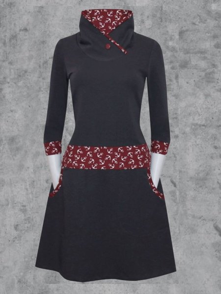 

Abito di Misto Cotone a Maniche Lunghe Casuale Colore-block, Blu marino, Casual Dresses