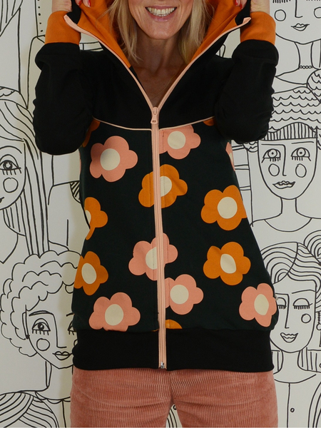 

Floral-print Hoodie Casual Outerwear, Black, Outerwear
