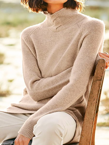 

Long Sleeve Turtleneck Knitted Basic Sweater, Khaki, Pullovers