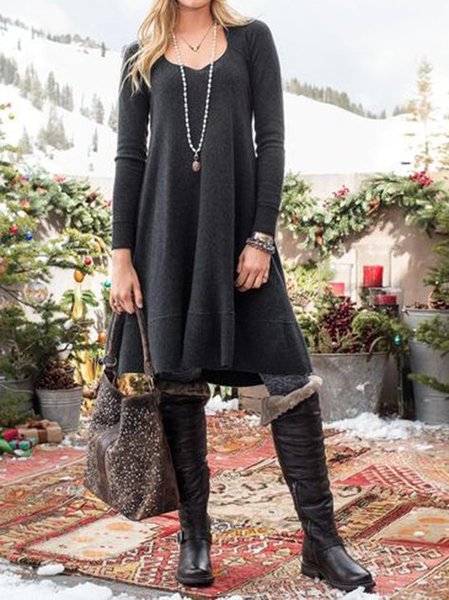 

Midi Abito a Maglia Casuale a Maniche Lunghe, Nero, Dresses