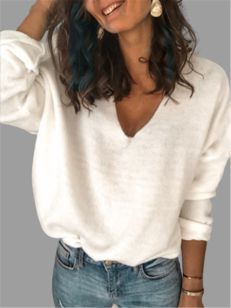 

Maglione di Cotone a Maniche Lunghe Scollo a V, Bianco, Sweater