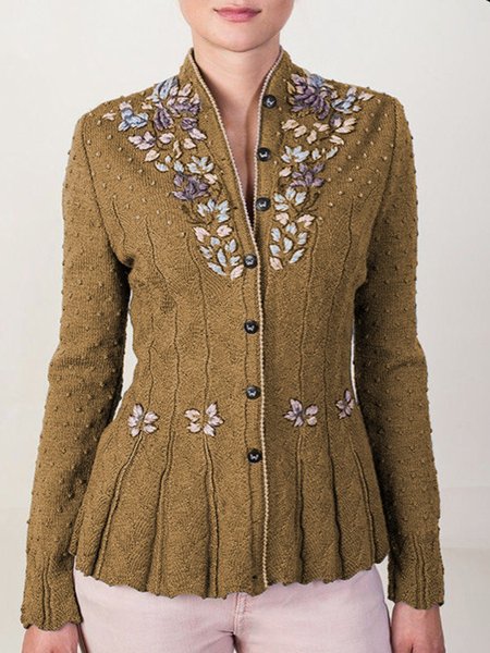 

Casual Embroidery Long Sleeve Sweater, Mustard, Cardigans