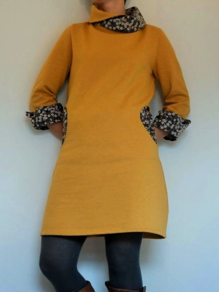 Casual Round Neck Floral-Print Solid Knitting Dress, Yellow, Short