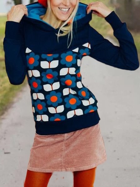 

Floral-Print Hoodie Casual Long Sleeve Sweatshirt, Navy blue, Auto-Clearance