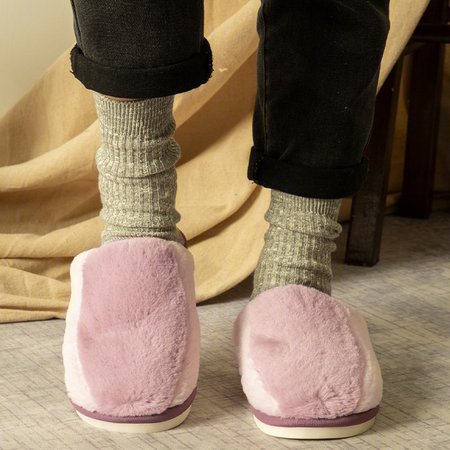 

Fur Warm Winter Slippers Flat Heel Soft Closed Toe Plus Size Slippers, Purple, Shoes