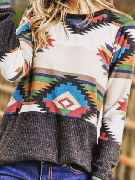 

Plus size Geometric Long Sleeve Boho Tops, Gray, Tops