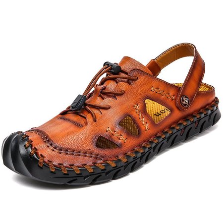 

Men Leather Non Slip Anti-collision Hand Stitching Casual Sandals, Red, Flats & Loafers