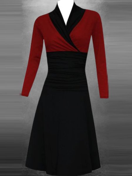 

Long Sleeve Patchwork V Neck Dresses, Red, Dresses