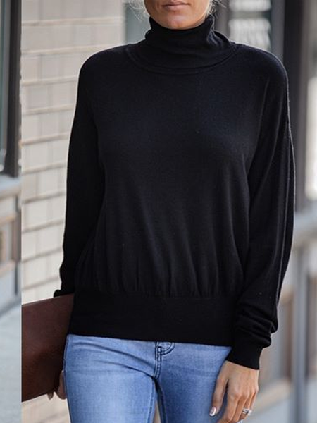 

Misto Cotone dolcevita Maniche Lunghe Solido Camicetta & Camicie, Nero, Blouses & Shirts