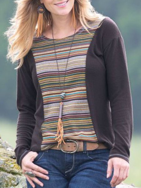 

Top a Girocollo Stampato a Righe Casuale, Marrone, T-Shirts