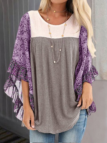 

Floral Sleeve Color-Block Shirt Blouses, Purple, Shirts & Blouses