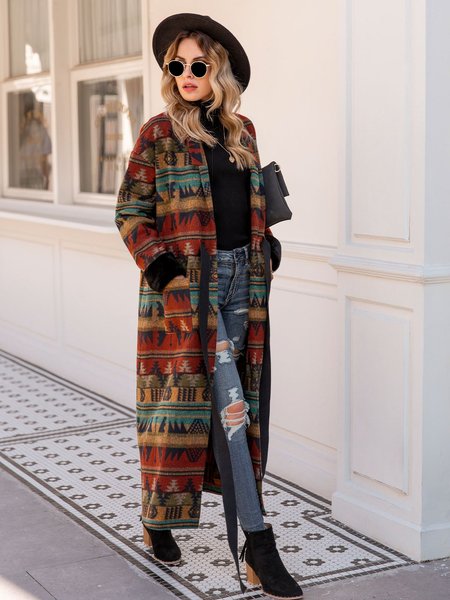 

Women Lace Up Tribal Shawl Collar Boho Sweater coat With Belt, Red, Outerwear
