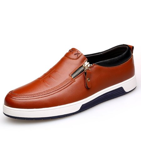 

Men Stylish Side Zipper Comfy Soft Sole Slip On Casual Leather Loafers, Brown, Men's flat & loafers