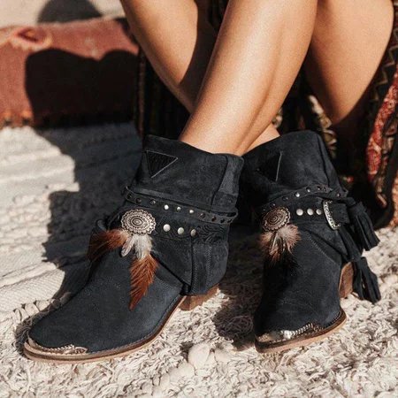 

Boho Style Tassel Slip On Chunky Heel Ankle Booties, Black, Boots