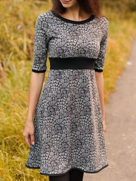 

Grey Floral Crew Neck Half Sleeve Plus Size Knitting Dress, Email discount