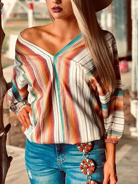 

Camicetta a Maniche Lunghe Scollo a V, Multicolore, Blouses & Shirts
