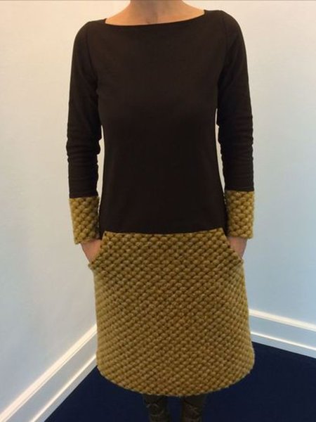 

Brown Round Neck Cotton-Blend Casual Color-Block Knitting Dress, Short