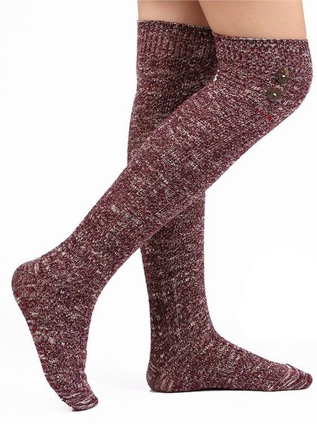 

Wool Blend Stockings Female Amazon Student High Socks Buttons Decorative Knit Long Socks, Wine red, Socks