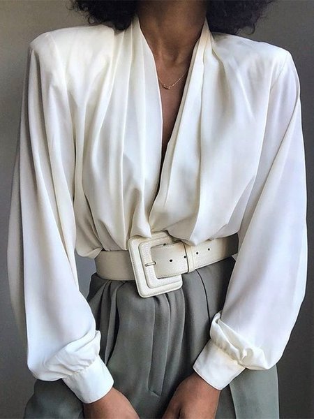 

Camicetta Scollo a V a Maniche Lunghe, Bianco, Blouses & Shirts