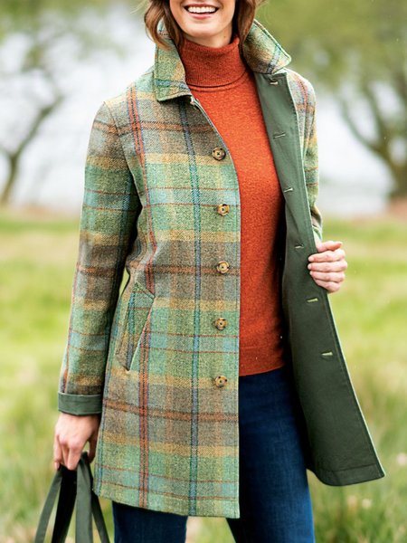 

Green V Neck Pockets Long Sleeve Checkered/plaid Jacket, Jackets