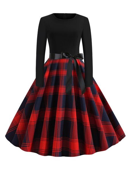 

Crew Neck Women Dresses Daily Vintage Dresses, Red, Dresses