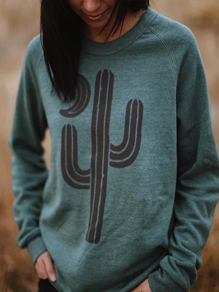 

Plus Size Vintage Cactus Printed Long Sleeve Casual Sweatshirt, Green, Hoodies&Sweatshirts