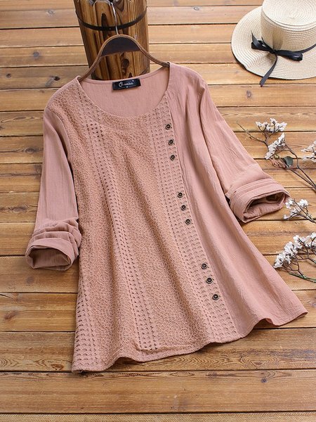 

Casual Crew Neck Button Design Top, Pink, Tops