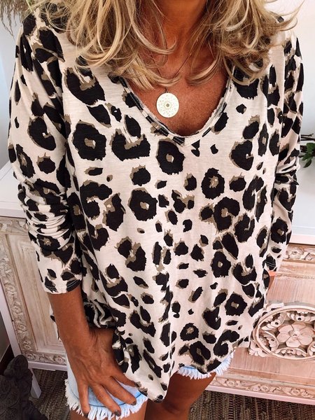 

Top di Cotone a Maniche Lunghe Stampato Leopardo, Cachi, Tops