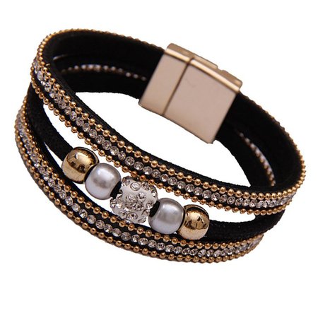 

Bohemian Multi-layer Rhinestone Pearl Magnetic Clasp Bracelet 22cm, Black, Bracelets