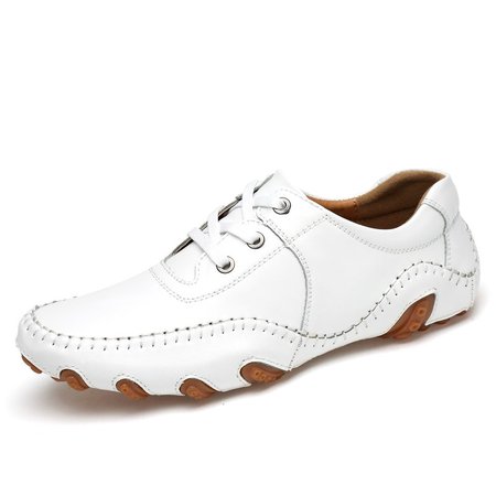 

Men Hand Stitching Leather Non Slip Soft Sole Large Size Casual Driving Shoes, White, Men's flat & loafers