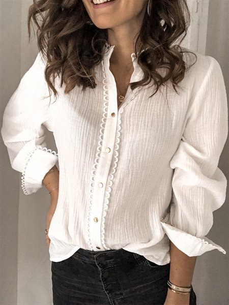 

Top con Colletto a Camicia Vintage Tinta unita, Bianco, Blouses & Shirts