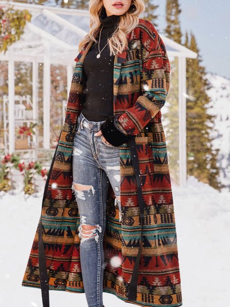 

Women Lace Up Tribal Shawl Collar Boho Sweater coat With Belt, Red, FDC-Outerwear