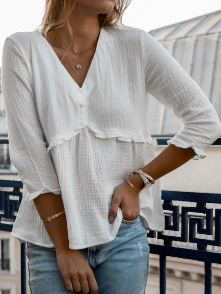 

Top a 3/4 Manica Casuale Scollo a V, Bianco, Blouses & Shirts
