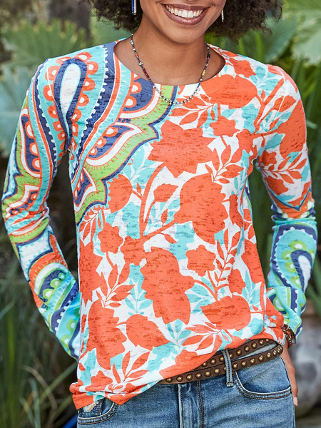 

Long Sleeve Printed Crew Neck Top, Orange, Tops