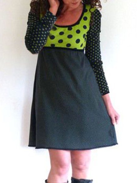 

Polka Dots Long Sleeve Crew Neck Dresses, Green black, Dresses