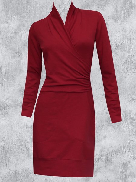 

Cotton-Blend Long Sleeve Shift V Neck Sweater Dress, Wine red, Dresses