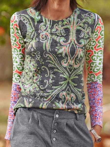 

Long Sleeve Cotton Paneled Top, Orange, Tees & T-shirts