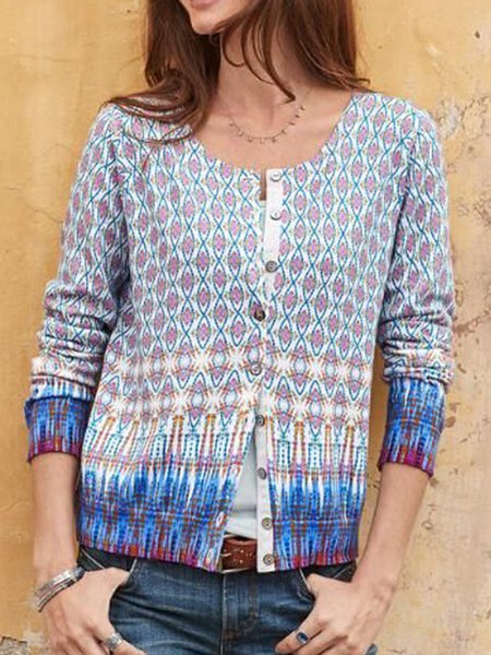 

Blue Geometric Long Sleeve Cotton-Blend Fleece Coat, Cardigans