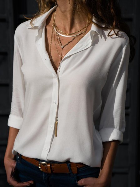 Long Sleeve Solid Shift Office Blouse, White, Blouses & Shirts