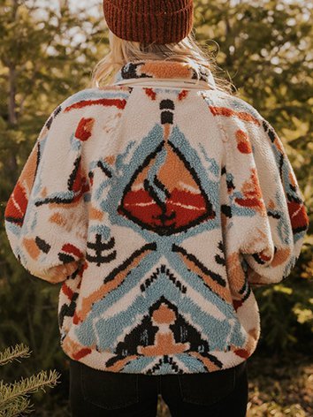 

White-Blue Shawl Collar Abstract Printed Long Sleeve Jacket, Coats