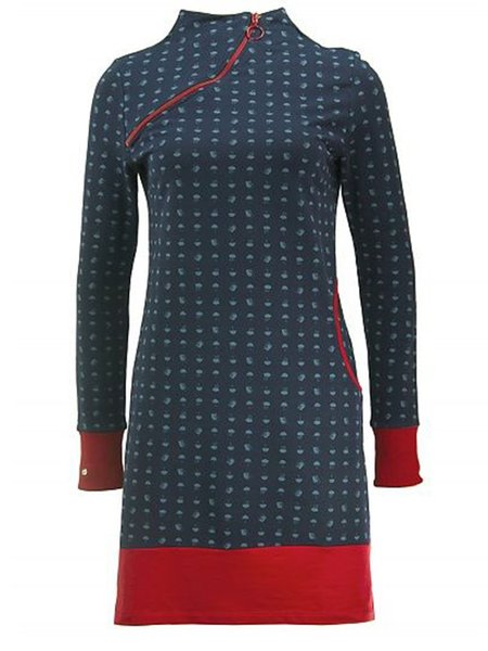 

Gray Blue Long Sleeve Zipper Cotton-Blend Weaving Dress, Dresses