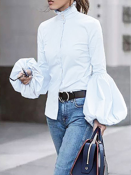 

Elegant Turtleneck Balloon Sleeve Work Solid Blouse, White, Blouses and Shirts