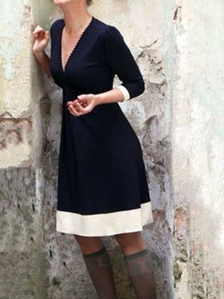 

V Neck Color-Block Vintage Dresses, Deep blue, Dresses