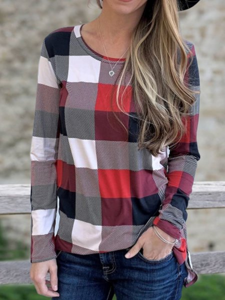 

Long Sleeve Casual Crew Neck Plaid T-Shirts, Red, Tops