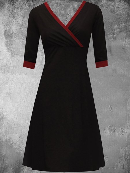 

V Neck 3/4 Sleeve Dresses, Black, Midi Dresses