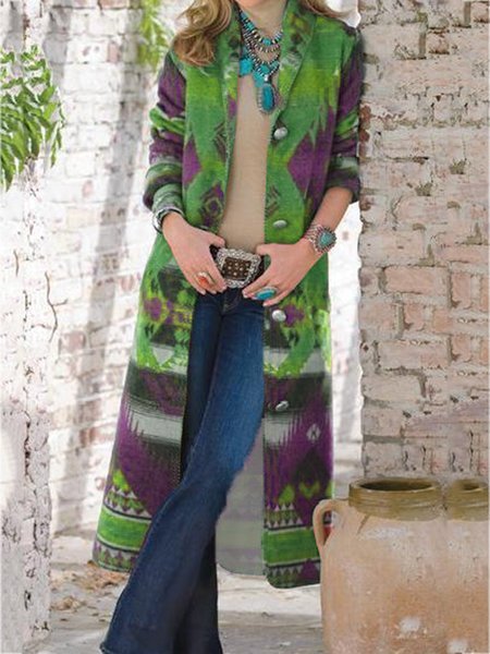 

Geometric Long Sleeve Outerwear, Green, Auto-Clearance