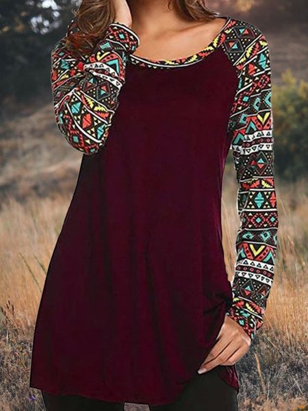 

Tribal Printed Crew Neck Long Sleeve Casual T-shirt, Wine red, Tops